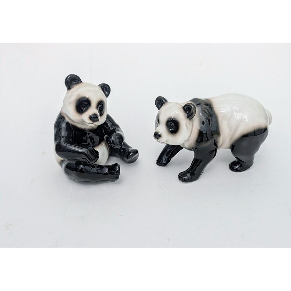 Franz Porcelain Set Of 2 Panda Figurines Kitschy Folk Art Glazed Asian Bamboo